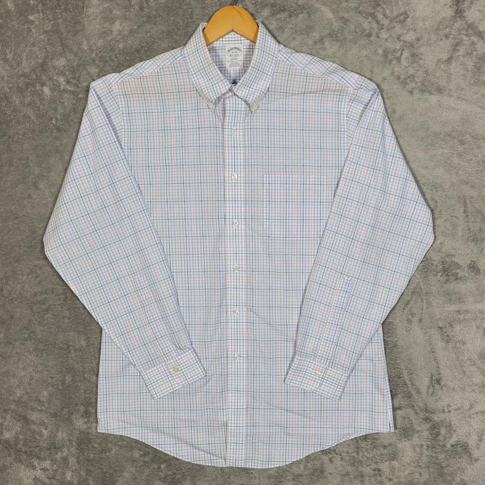 Brooks Brothers Shirt Mens 16-34 White Pink Blue Plaid Long Sleeve Regent Supima